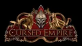 The logo for "Cursed Empire" features a striking design with a central, ornate helmet-like figure, flanked by two stylized characters—one resembling a serpent and the other a cloaked figure. The background is a deep red, enhancing the dramatic effect, while the title "CURSED EMPIRE" is prominently displayed in bold, gold lettering at the bottom. Intricate details and textures add depth to the overall composition, evoking a sense of epic dark fantasy.