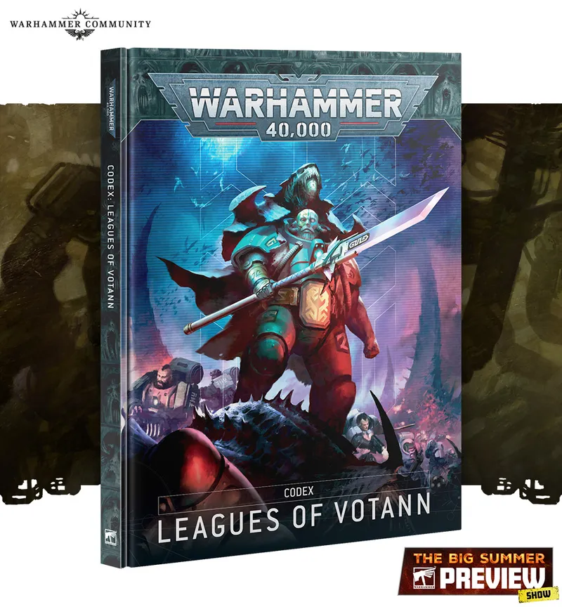 A detailed cover of the "Codex: Leagues of Votann" features a central figure wielding a large sword, dressed in ornate armor, accompanied by a smaller character in a hooded cloak. The background showcases a chaotic battle scene with various futuristic elements, including weapons and machinery. The title "Codex: Leagues of Votann" is prominently displayed at the bottom, with a vibrant color palette that includes blues, reds, and metallic tones, enhancing the dramatic atmosphere.