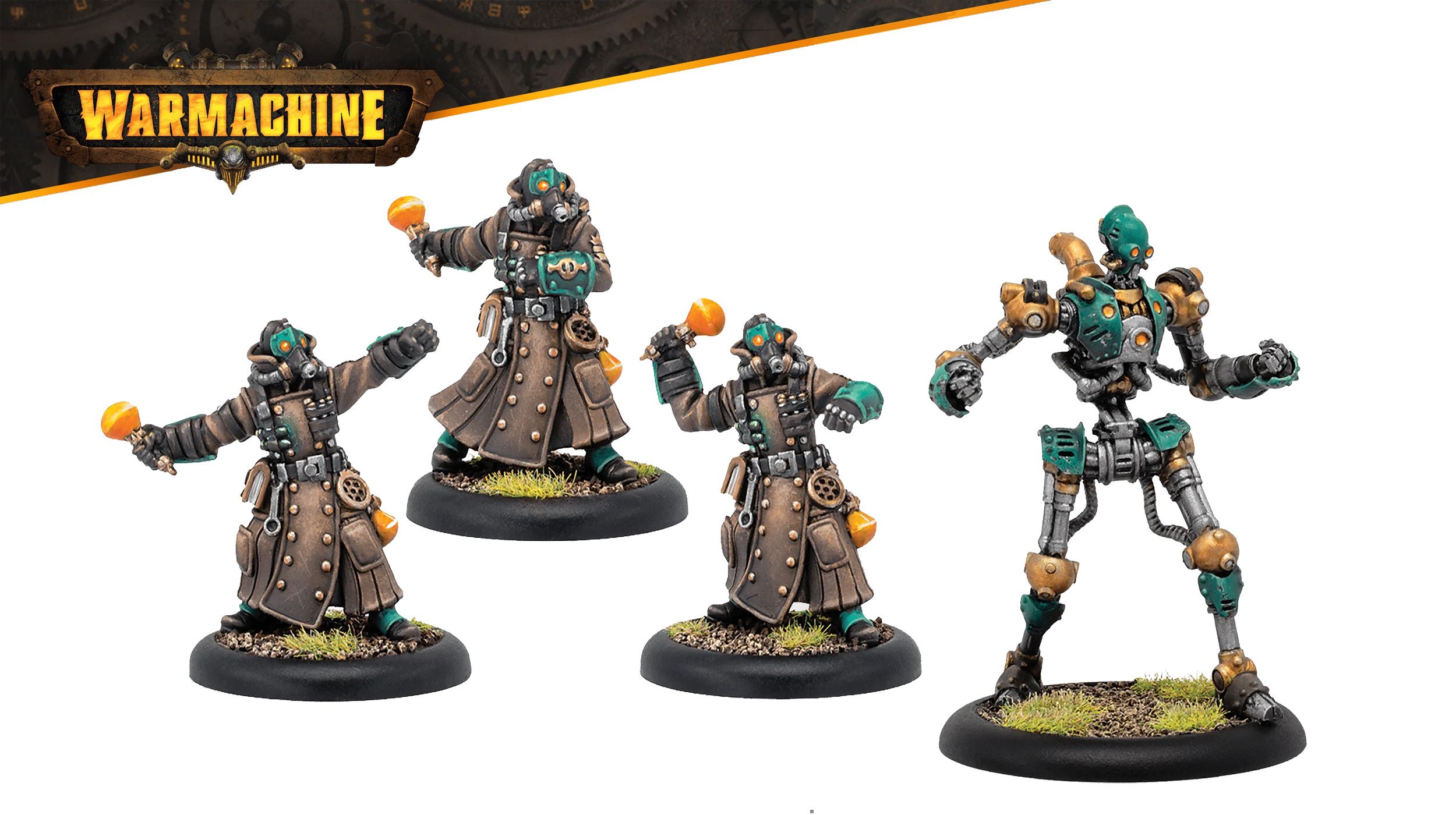 A group of five alchemists from the Crucible Guard stands in dynamic poses, each wearing long brown coats with various mechanical details and gas masks. They hold alchemical devices, some with orange spheres, while their bases are adorned with tufts of green grass. The figures are detailed with teal accents and various gears, emphasizing their role as combat alchemists in the Warmachine universe.