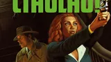 Large, bold, green and black text at the top reads "LIVE IN CTHULHU!" In the foreground, a person with bright red hair, wearing a teal jacket over a white shirt, is reclining in a wooden chair. They are holding a revolver in their right hand, pointing it upward. Their expression appears alarmed. Behind them, an older person with white hair and a mustache, wearing a light brown suit, a green shirt, and a light-colored hat, stands with a concerned look on their face. The setting appears dimly lit, with indistinct dark shapes in the background.