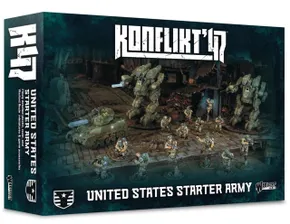 A box for the "Konflikt '47 United States Starter Army" features a detailed illustration of a battlefield scene. Prominently displayed are a U.S. tank and a large mecha, surrounded by several miniature soldiers in futuristic uniforms. The box design includes bold text with the game's title and a description of the contents, set against a dark, atmospheric background.