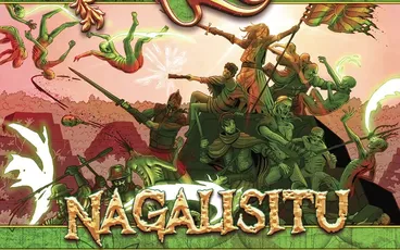 Cover art for Reign: Realities – Nagalisitu showing a chaotic battle scene with armored figures wielding weapons, one mounted on a skeletal steed. Green and red hues dominate. Title "Nagalisitu" in ornate gold lettering. Subtext reads "A Reign Reality by Caleb Stokes."