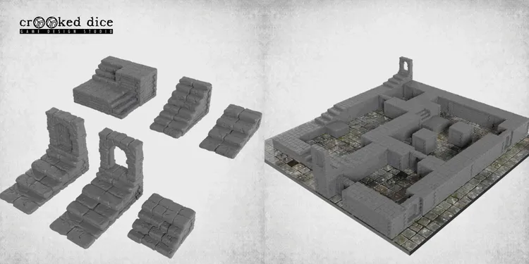 A collection of modular dungeon blocks in various shapes and sizes, all in a gray color, designed for tabletop gaming. The set includes staircases, walls with openings, and flat platforms, showcasing detailed stone textures. These blocks are arranged to demonstrate their versatility for creating custom dungeon layouts.