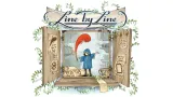 A wooden-framed window display with a banner reading "Line by Line." Inside, a small figure in a blue coat and hat holds a red feather quill, standing on rolled parchment. Shelves hold books and a teapot. Signs on the frame read "Poems," "Coffee," and "Open Mic."