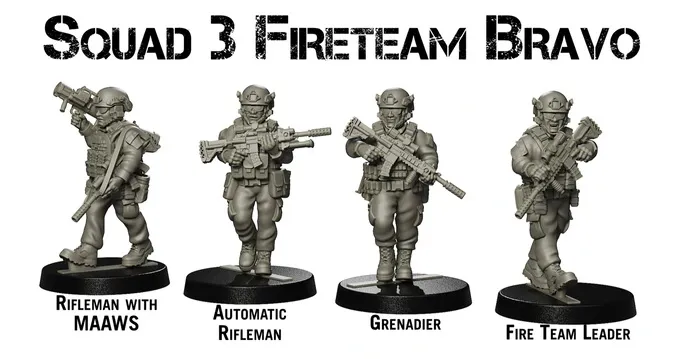 Four detailed miniature figures representing Squad 3 Fireteam Bravo are displayed. From left to right, the figures include a Rifleman equipped with a MAAWS, an Automatic Rifleman, a Grenadier, and a Fire Team Leader, all wearing modern tactical gear. Each figure is intricately designed, showcasing various weapons and equipment, emphasizing their roles within the squad.
