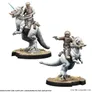 A pair of detailed miniatures depict Rebel Alliance soldiers riding Tauntauns, set against a simple base. The first figure, on the left, features a rider in a tan and gray uniform, holding a blaster, while the Tauntaun is predominantly white with a light gray saddle. The second figure, on the right, shows another soldier in a similar uniform, also mounted on a Tauntaun, which has a more dynamic pose. Both miniatures are unassembled and unpainted, showcasing intricate details in their design.
