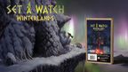 A rocky, snow-covered cliffside is depicted, with a mystical aurora borealis illuminating the sky in shades of green and purple. In the foreground, a box for the "Set a Watch: Winterlands" expansion is prominently displayed, featuring dark fantasy artwork that includes shadowy figures and a menacing creature. The title "SET A WATCH WINTERLANDS" is boldly presented at the top, emphasizing the game's theme and expansion details.