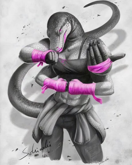 A komodo dragoness boxer with four arms looks fierce at the viewer. The image is in greyscale with pink accents.