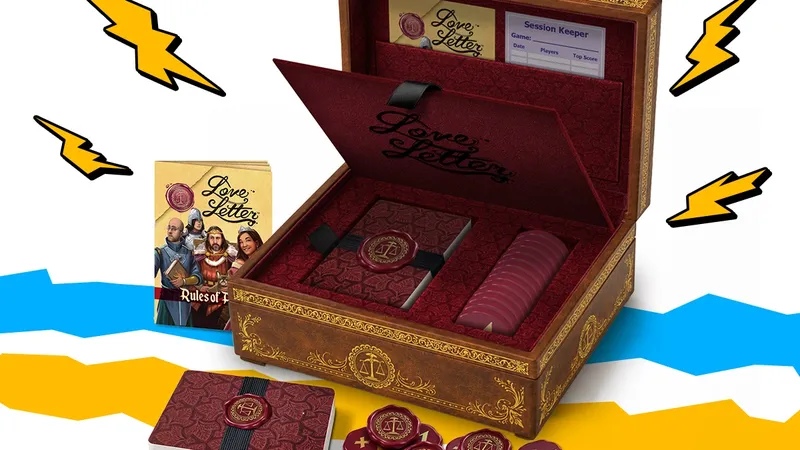 Open wooden Love Letter box with cards, tokens, and rulebook, surrounded by lightning bolts and waves.