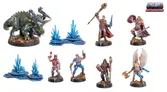 A collection of miniature figures from the Masters of the Universe: Battleground game features several characters, including a muscular hero wielding a sword and staff, a warrior with a shield and axe, and a figure with wings holding a weapon. In the background, there are two pieces of terrain: a blue and purple crystalline structure and a rocky base. The characters are intricately detailed, showcasing vibrant colors and dynamic poses, set against a clean white backdrop.