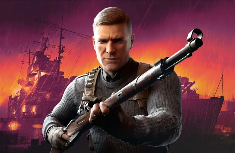 A focused soldier with short, slicked-back blonde hair holds a rifle, looking directly at the viewer with a serious expression. He is dressed in a dark, textured sweater and has tactical gear, including a strap across his chest. The background features a dramatic sunset with shades of orange and purple, along with silhouettes of ships and rain, creating a tense atmosphere.