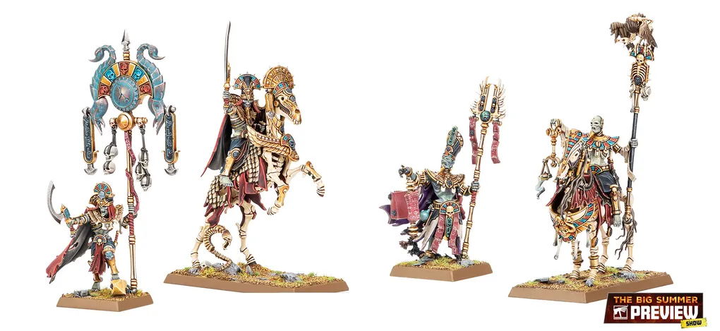 A pair of undead miniatures from the Old World are featured, showcasing a Royal Herald on foot and a mounted Liche Priest. The Royal Herald holds a staff adorned with intricate designs and a scroll, while the Liche Priest, also detailed with vibrant colors and accessories, carries a staff topped with a skull. Both figures are set on textured bases with tufts of grass, emphasizing their ancient and mystical theme.