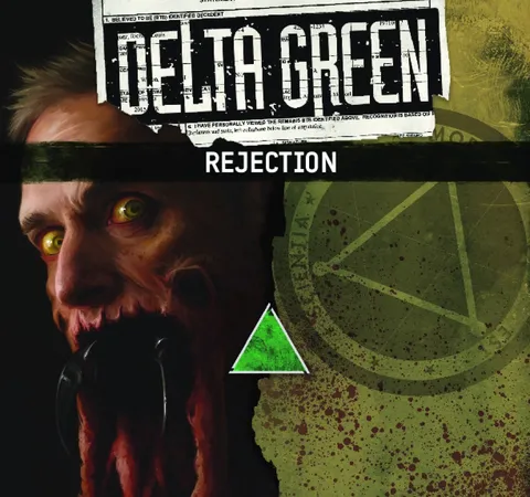 Man with yellow eyes, black headband, text "REJECTION" and green triangle.
