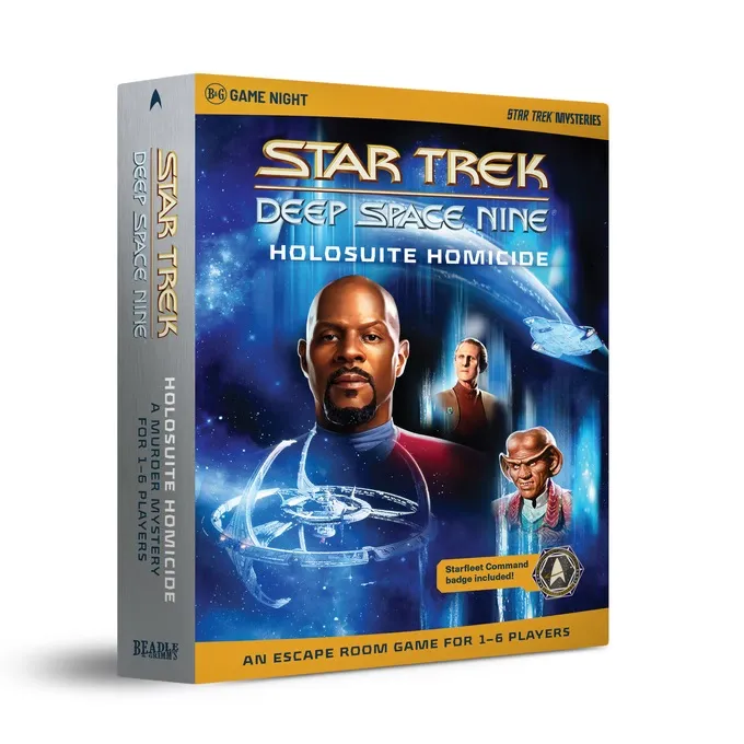 A game box for "Star Trek: Deep Space Nine - Holosuite Homicide" features a striking design with a prominent image of a character resembling a Starfleet officer, flanked by two other figures in the background. The box is predominantly blue, with the title and subtitle clearly displayed at the top, along with the Beadle & Grimm logo. Additional details include a note about the game being suitable for 1-6 players and the inclusion of a Starfleet Command badge.
