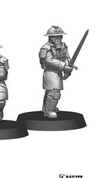 A group of four 28mm scale miniatures, known as Trench Raiders, are depicted in a grayscale design. Each figure is wearing a Brodie helmet with an integrated gas mask and is dressed in long coats, showcasing a variety of poses. They are armed with different weapons, including a sword and a firearm, and stand on circular bases, emphasizing their versatility for various gaming scenarios.