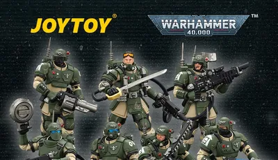 Seven green-armored action figures with weapons, "JOYTOY", "WARHAMMER 40,000", "ASTRA MILITARUM KASRKIN", "STAND WITH CADIA! - PRE ORDER NOW"