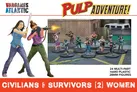 A group of eight multi-part plastic figures is displayed in a street setting, showcasing a variety of poses that depict both action and panic. The figures are armed with various weapons, including a baseball bat, a shotgun, and a machete, and feature diverse clothing styles, from casual wear to more rugged outfits. The background includes a brick wall and a vehicle, enhancing the urban environment of the scene.