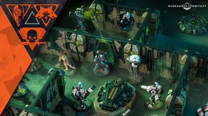 A detailed tabletop scene showcases a Kill Team game setup featuring miniatures from the Space Wolves and Tau factions. In the foreground, a Space Wolf in blue armor stands beside a green, ornate tomb-like structure, while two Tau in XV26 battlesuits are positioned nearby, ready for action. The backdrop includes intricately designed walls with glowing green accents and a hovering drone, creating a sci-fi atmosphere within a Tomb World killzone.