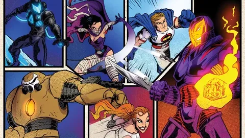 A colorful comic-style illustration features a group of six characters from the game "Sentinels of the Multiverse." The characters are depicted in dynamic poses, showcasing a mix of heroes and villains, with vibrant colors highlighting their unique costumes and powers. The title "SENTINELS of the Multiverse" is prominently displayed at the top, along with the subtitle "THE CLASSIC COMIC BOOK CARD GAME," emphasizing the game's comic book roots.