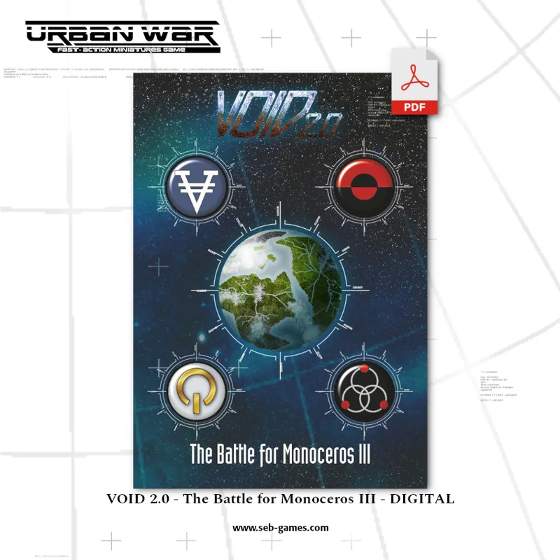 A digital cover for "VOID 2.0 - The Battle for Monoceros III" features a starry background with a central globe depicting landmasses and oceans. Surrounding the globe are various faction symbols, including a stylized "V," a red circle, and a gear-like emblem, all connected by circular designs. The title is prominently displayed at the bottom, along with the note "DIGITAL" and the website link.
