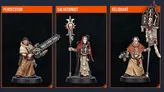 The image features three miniature figures from the upcoming Kill Team expansion by Games Workshop. On the left is the "Persecutor," a militiaman wielding a chainsaw-like weapon, dressed in a brown robe. In the center stands the "Salvationist," a figure draped in red and black robes, holding a staff adorned with a skull symbol. On the right is the "Reliquant," who carries a large, ornate banner and wears a similar brown robe, adding to the ecclesiastical theme of the Sanctifiers. Each figure is intricately detailed, showcasing the distinctive aesthetic of the Warhammer 40,000 universe.