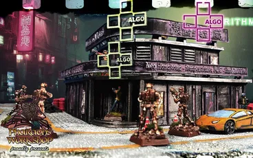 A cyberpunk building with "ALGO" signs, neon Chinese characters, and miniatures outside.