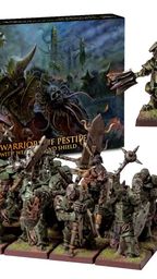 A group of chaotic warriors, known as the Warriors of Pestilence, is depicted in the foreground, showcasing their corroded armor and grotesque features, including pox and boils. They are arranged in a dynamic formation, with a variety of weapons and shields, embodying a dark fantasy aesthetic. In the background, the box set titled "Warriors of Pestilence with Weapon and Shield" is visible, alongside a bonus Hero of Pestilence miniature displayed separately.