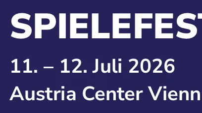 A promotional graphic for Spielefest Wien features bold white text on a deep blue background. The event name "SPIELEFEST WIEN" is prominently displayed at the top, followed by the dates "11. – 12. Juli 2026" and the location "Austria Center Vienna." The design includes dynamic lines on the right side, adding a modern touch to the overall layout.