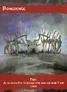 The image depicts a fantastical structure called "Bonehenge," constructed from skeletal remains. The centerpiece features a large skull, flanked by rib-like arches that create a circular formation. The color palette includes muted grays and browns, with a misty background that transitions to shades of purple and blue, enhancing the eerie atmosphere. The overall design evokes a sense of ancient, otherworldly significance, fitting for a setting in a barbarian-themed game.
