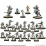 A collection of unassembled and unpainted Star Wars: Legion miniatures is displayed, featuring various characters and units from the Hoth setting. In the center, a Rebel soldier rides a Tauntaun, accompanied by R2-D2 and C-3PO, while several other Rebel soldiers are positioned around them, armed and ready for battle. The scene includes a mix of infantry and support units, all set against a base that mimics the snowy terrain of Hoth.