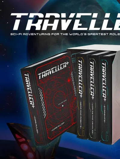 Four hardcover books for the Traveller 5E tabletop roleplaying game are displayed prominently, featuring distinct covers. The books include "Core Rules" with a red design, "Gears and Robots" in black, "Worlds and Vehicles" also in black, and "Starships" in a similar style, all housed in a white slipcase adorned with a logo. The background features a cosmic scene with hints of futuristic technology, emphasizing the sci-fi theme of the game.