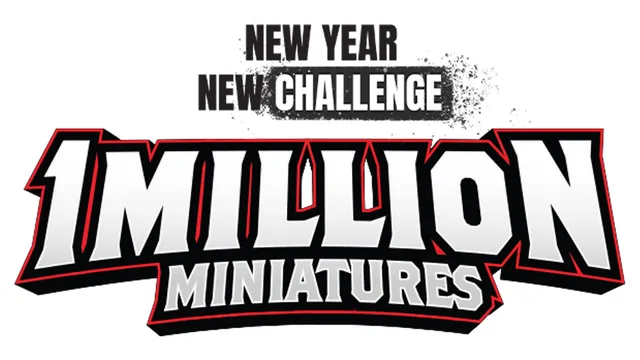 The image features bold, stylized text that reads "MILLION MINIATURES" prominently in the center, with a dynamic design that includes sharp edges and a black and red color scheme. Above this, the phrases "NEW YEAR" and "NEW CHALLENGE" are displayed in a smaller font, emphasizing a fresh start or initiative. The overall design conveys excitement and energy, suitable for a gaming or hobby context.