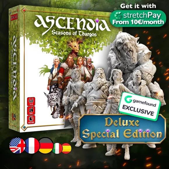 A board game box titled "Ascendia: Seasons of Thargos" is prominently displayed, featuring lush artwork and a vibrant green background with a large tree. Surrounding the box are several detailed miniatures representing characters and creatures from the game, including a wolf and a large, menacing figure. A banner at the bottom indicates "Deluxe Special Edition" and highlights the campaign's exclusivity on Gamefound, with flags representing different languages below.