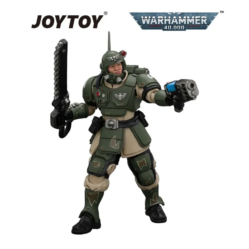 Warhammer 40,000 action figure in green armor holding a chainsword and plasma gun, JOYTOY logo.