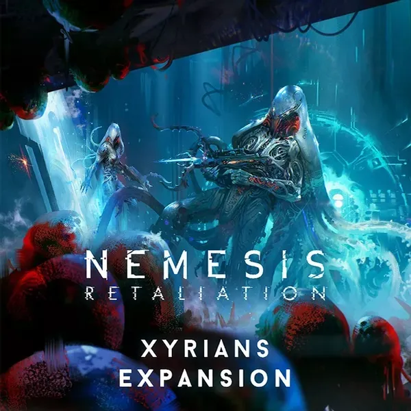 A futuristic, armored figure with a mechanical exoskeleton and glowing red accents stands in a dynamic pose, holding a weapon. Behind it, another similar figure is partially visible, surrounded by blue and red atmospheric lighting. The background features dark, industrial structures and glowing elements. At the bottom, the text reads: "NEMESIS RETALIATION" in large white letters, followed by "XYRIANS EXPANSION" in smaller white text.