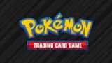 Pokémon logo in yellow and blue 3D letters on black diagonal striped background. Below it, red banner with white text reading "TRADING CARD GAME."