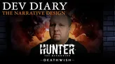 Man in black shirt with short hair, neutral expression, against dark, stylized background. Overlaid text reads: "DIARY NARRATIVE DESIGN" at top, "HUNTER: THE RECKONING" in bold distressed font, and "DEATHWISH" in smaller text below. Blurred imagery of fiery, chaotic scenes behind.