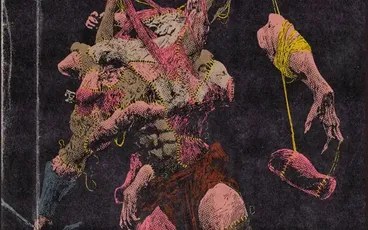"MENDING" comic cover with a monstrous figure and hanging bodies.