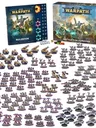 A large collection of 10mm-scale miniatures and game components for the Epic Warpath Battle for Phrovox starter set is displayed. The set includes a rulebook, tokens, and dice, alongside 440 plastic miniatures representing two armies: the Earth’s Enforcers and the Plague. Various types of miniatures are arranged, including infantry, vehicles, and command units, showcasing a diverse array of sci-fi designs and colors.