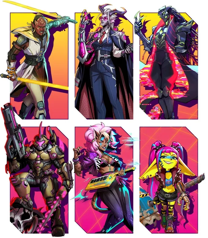 A vibrant illustration features six distinct characters from the Neon Odyssey campaign, each set against a colorful gradient background. The characters include a warrior wielding a glowing sword, a stylish figure in a sleek outfit, a futuristic soldier with a large weapon, a playful character with a musical instrument, and two others showcasing unique sci-fi designs and accessories. The overall aesthetic combines elements of retro-futurism and pop culture, emphasizing the game's dynamic and adventurous spirit.