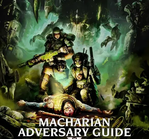 MALLEDICTUM above two armored soldiers in a dark, alien setting. Text: MACHARIAN ADVERSARY GUIDE