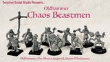 A collection of ten hand-sculpted, 28mm scale Chaos Beastmen miniatures is displayed prominently, showcasing a variety of dynamic and expressive designs. Each figure features unique characteristics, such as exaggerated limbs and distinct facial expressions, reflecting an Oldhammer aesthetic. The background includes stylized text announcing "Oldhammer Chaos Beastmen" and "Oldhammer Pre-Slotta inspired 28mm Miniatures," emphasizing the campaign's theme.