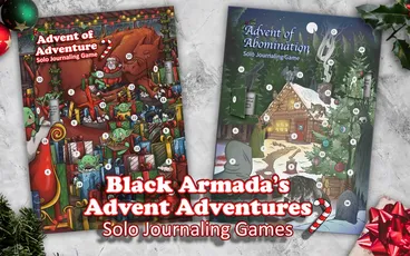 Two advent calendar-style solo journaling game covers with festive and spooky themes.