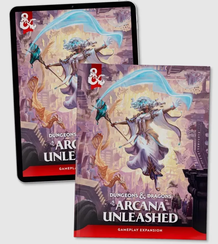 Two book covers side by side. Both feature a fantasy illustration of a woman with long, flowing blue hair, wearing ornate white and gold robes, floating above a ruined cityscape. She holds a staff with a glowing teal orb at the top, surrounded by swirling ribbons of blue and orange energy. The background shows crumbling stone structures and a stormy sky. The text on the left cover reads "DUNGEONS & DRAGONS ARCANA UNLEASHED GAMEPLAY EXPANSION" in white and red. The right cover has the same text, with "DUNGEONS & DRAGONS" in smaller white letters at the top and "ARCANA UNLEASHED" in large white letters in the center. Both covers have a red and white Dungeons & Dragons logo at the top.