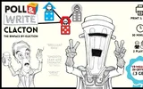 A robot with a blender for a head making peace signs, with dice and text "BRILLIANT IDEA", "SMOOTH, LEAN AND THEMATIC", "GREAT".