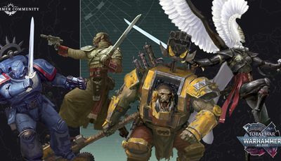 A dynamic illustration features four distinct characters from the Warhammer 40,000 universe. On the left, a Space Marine in blue armor holds a pistol, while a figure in a military uniform brandishes a sword in the center. To the right, an imposing Ork in yellow armor displays a fierce expression, and behind him, a character with a mechanical arm and a large weapon stands ready for battle. The background includes a stylized map, enhancing the sci-fi atmosphere of the scene.