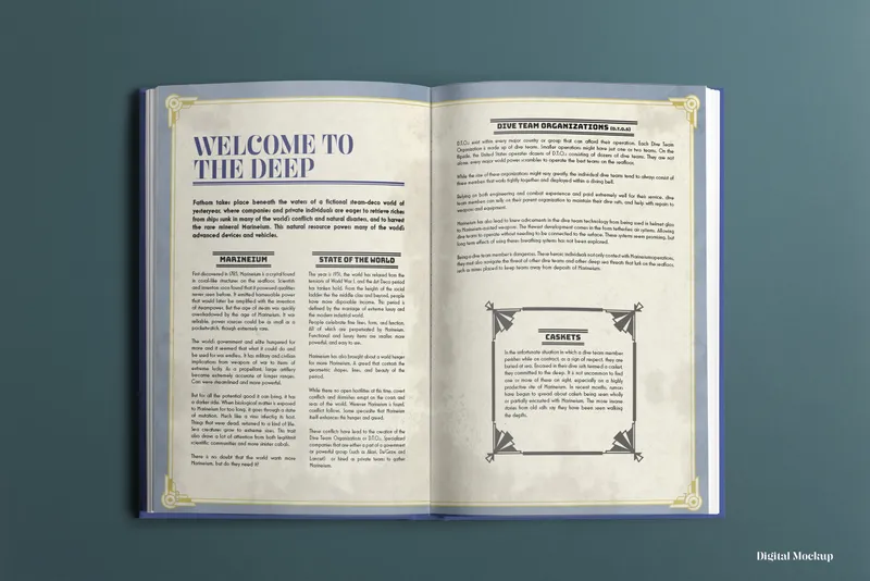 Open book with text and decorative borders on a teal background.