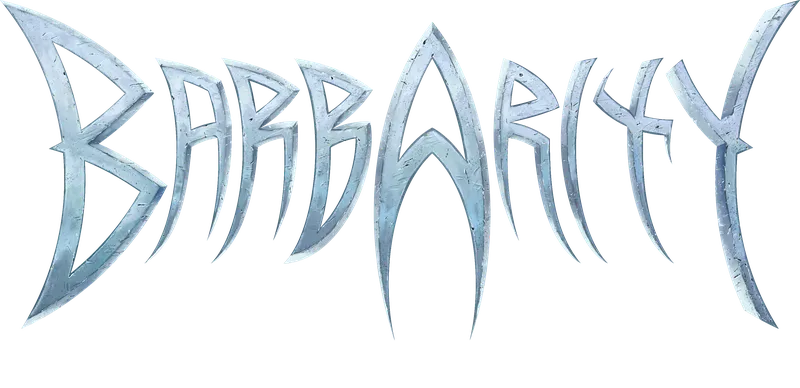 The image features the title "Barbarity" rendered in a stylized, metallic font that resembles jagged ice or steel. The letters are sharp and angular, with a slight sheen, suggesting a fierce and adventurous theme. The overall color scheme is predominantly silver with hints of blue, evoking a sense of coldness and strength. The design conveys a bold and dynamic aesthetic, fitting for a card game centered around barbarian warriors and epic battles.