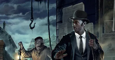 Man in suit and hat, zombie-like figure with lantern, dark street, "Call of Cthulhu Innsmouth" text.
