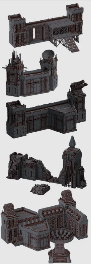 A collection of 3D printable sci-fi wargaming terrain pieces is displayed, showcasing various modular fortress components. The set includes tall walls, towers, and battle-damaged sections, all featuring intricate details and a grimdark aesthetic. Some pieces have removable rooftops and playable interiors, allowing for customizable layouts suitable for tabletop battles.
